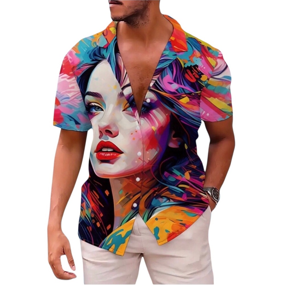 Colorful Hand Drawn Portrait Print Short Sleeve Shirt w Lapel Collar (Lg)